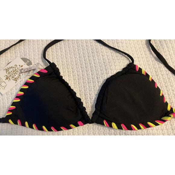 Becca Swim Reversible Triangle Sliding String Halter Bra Sz D Black Multi NWT - Picture 4 of 5
